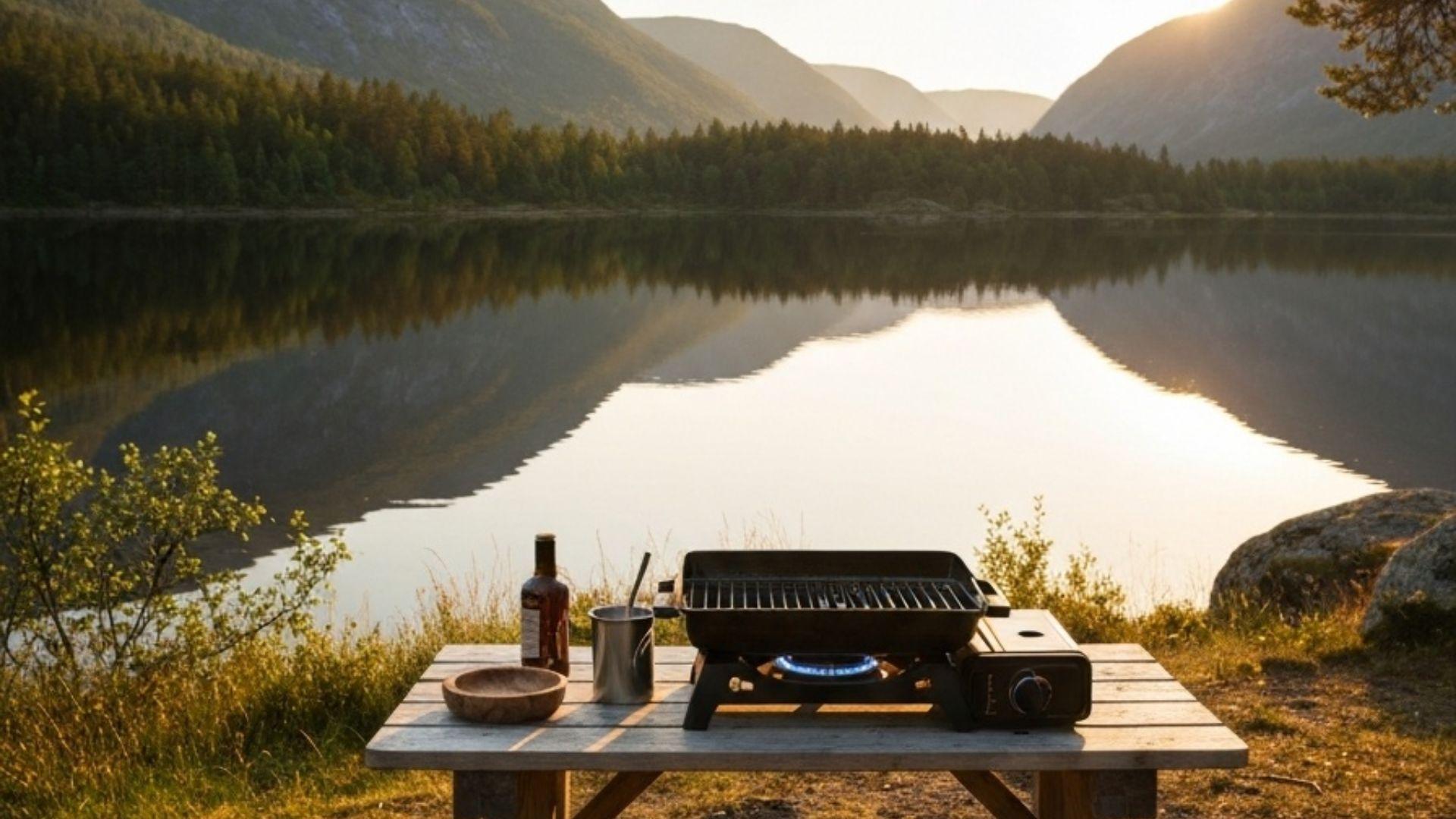 Kompakt bærbar gassgrill på et trebord ved en norsk fjellsjø i gylden kveldssol