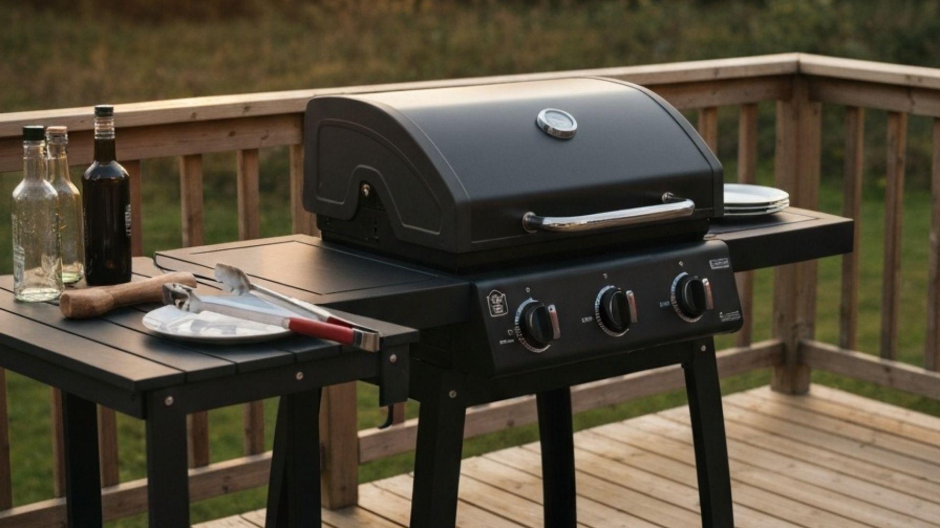 Rimelig sort gassgrill på en treplatting i en norsk hage på sensommeren