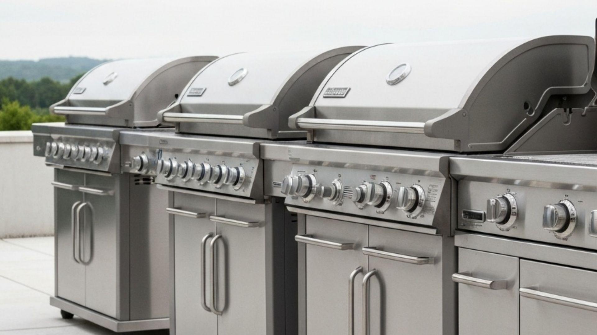 Tre premium gassgriller stilt opp side ved side på en steinterrasse for redaksjonell sammenligning