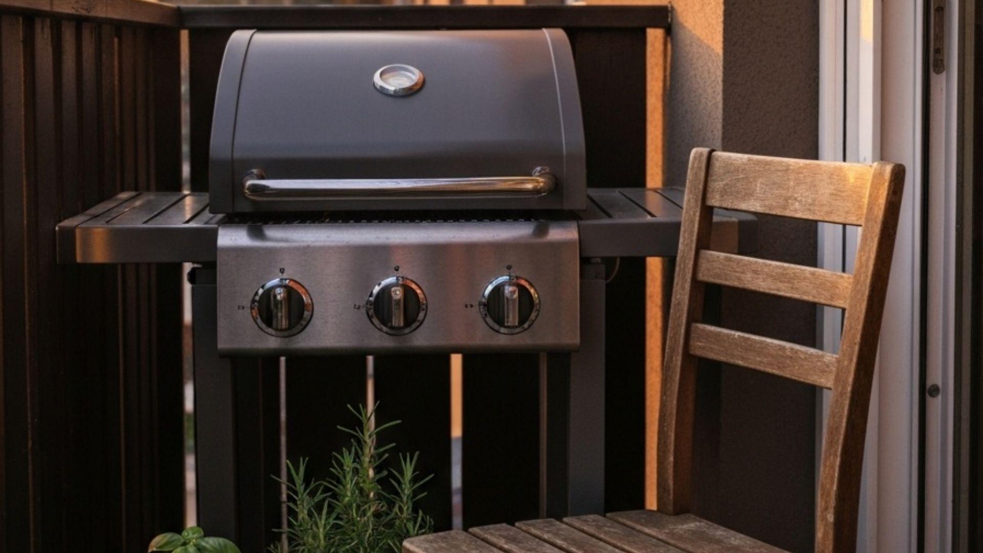 Liten kompakt gassgrill på en skandinavisk leilighetsbalkong med urtepotter og varm kveldssol