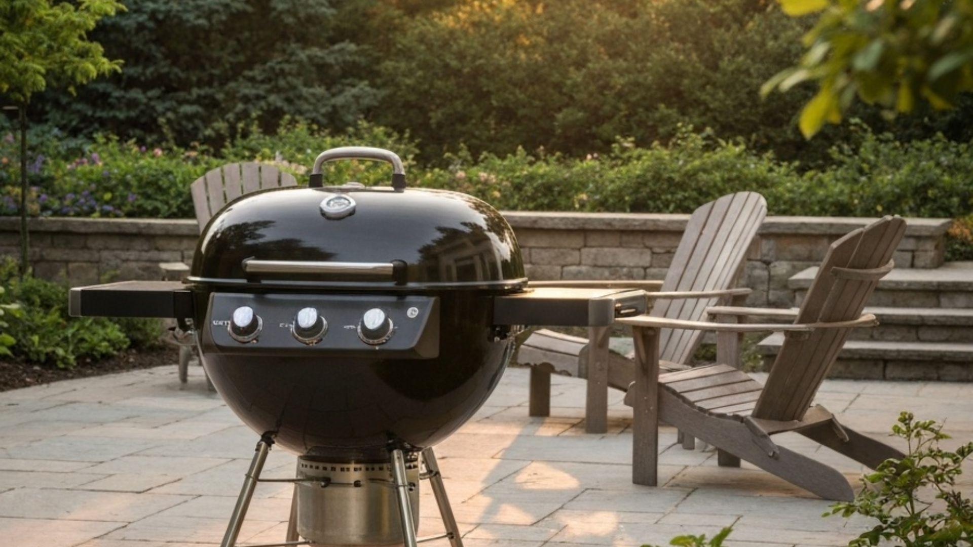 Sort premium kuleformet gassgrill på en stenbelagt terrasse med Adirondack-stoler og frodig hage i bakgrunnen i gylden kveldssol