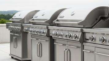 Tre premium gassgriller stilt opp side ved side på en steinterrasse for redaksjonell sammenligning