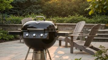 Sort premium kuleformet gassgrill på en stenbelagt terrasse med Adirondack-stoler og frodig hage i bakgrunnen i gylden kveldssol