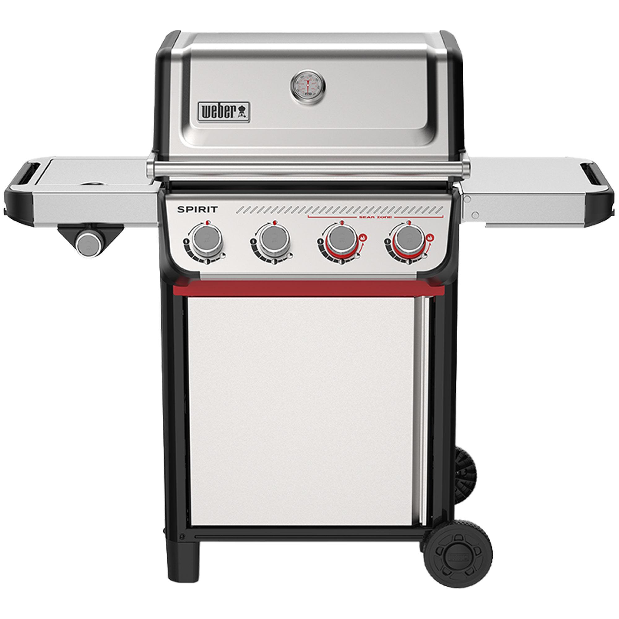 Weber Spirit S-435 med rustfritt lokk og skapdør, fire hovedbrennere og sidebrenner