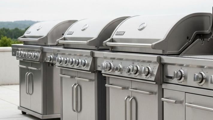 Tre premium gassgriller stilt opp side ved side på en steinterrasse for redaksjonell sammenligning