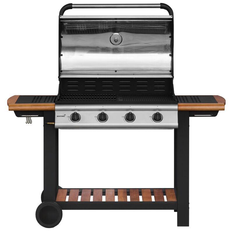 Mustang Greenville 4 gassgrill i sort med tresidebordet og store hjul