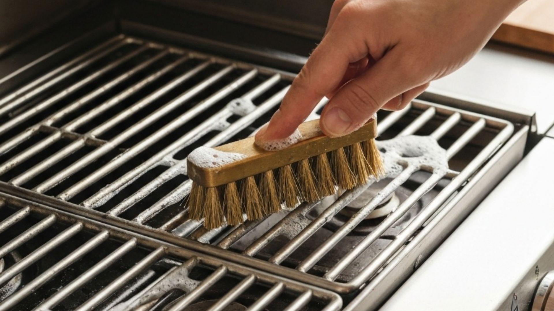 Hender som rengjør en grillrist med messingbørste og såpeskum, nærbilde i naturlig dagslys